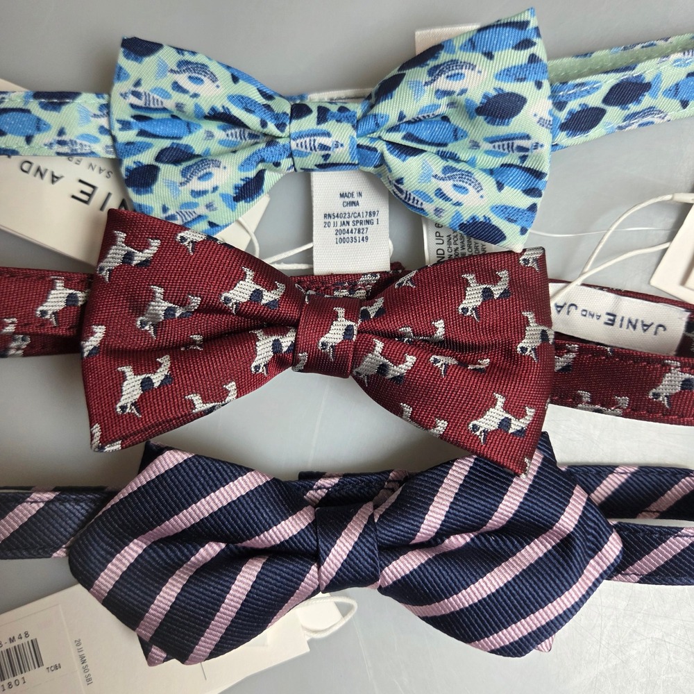 Janie and Jack Boys Bow Tie Set 3 Pack Fish Dog Stripe Blue Burgundy Navy NWT - Picture 2 of 3